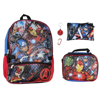 Marvel Avengers 5 Pc Kids Backpack Set Lunch Box Key Chain Pencil Case Carabiner 
