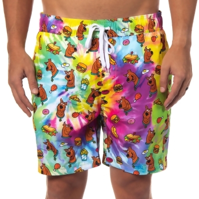 Scooby-Doo Men's Allover Scooby With Snacks Tie-Dyed Design Swim Trunks 