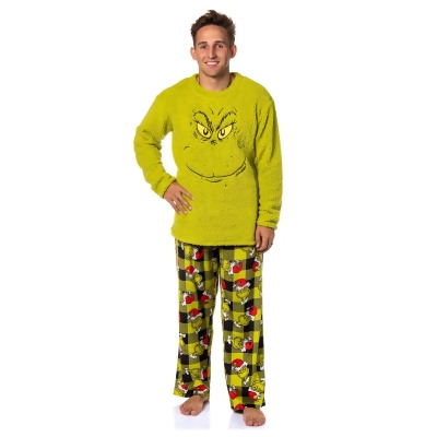 Dr. Seuss The Grinch Santa Plaid Plush Fleece Pajama Sleep Set 