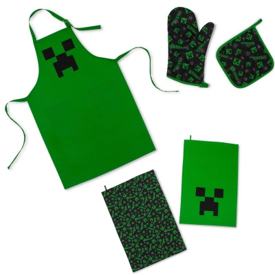 Minecraft Green Creeper Kitchen Set | Apron, Oven Mitt, Dish Towels, Pot Holder 
