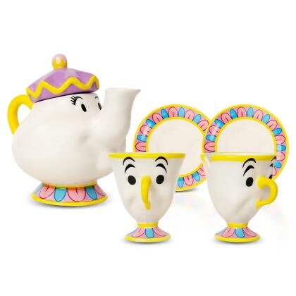 Disney Beauty and the Beast Mrs. Potts Teapot Set With 2 Chip Cups and Saucers 