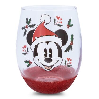 Disney Mickey Mouse Santa Hat Teardrop Stemless Wine Glass | Holds 20 Ounces 
