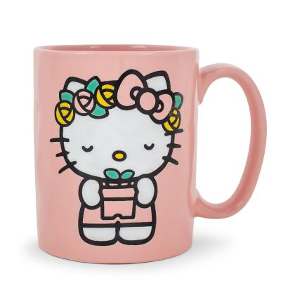 Sanrio Hello Kitty Flower Badge Wax Resist Ceramic Pottery Mug | Holds 18 Ounces 