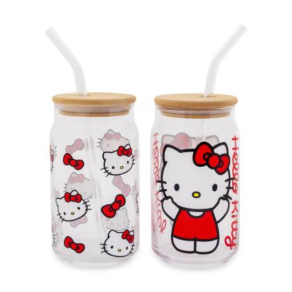 Sanrio Hello Kitty 16-Ounce Glass Tumblers With Bamboo Lid and Straw | Set of 2 