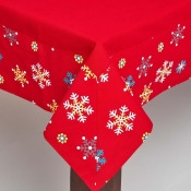 Cotton Christmas Red Snowflake Border Tablecloth, 54 x 70 Inches Cotton Christmas Red Snowflake Border Tablecloth, 54 x 70 Inches