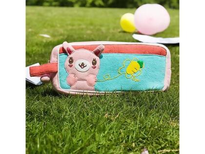 BB-17-RABBIT 7.3 x 3.3 x 1.4 in. Rabbit & Carrot - Embroidered Applique Pencil Pouch Bag Cosmetic Bag & Carrying Case 