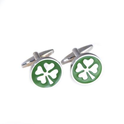 Bey-Berk International J237 Rhodium Plated Green Enamel Four Leaf Clover Cufflinks - Silver