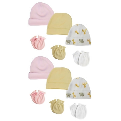 Bambini NC-0386 Baby Girls Caps & Mittens Set, White & Pink - Newborn - Pack of 12 