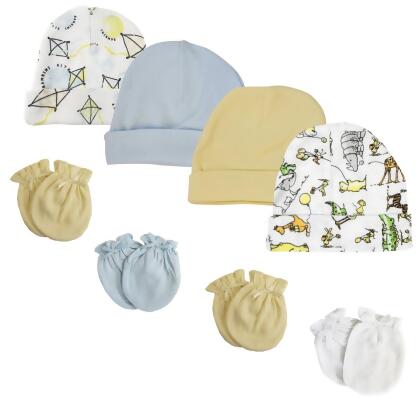 Bambini NC-0339 Baby Boys Caps & Mittens, White & Blue - Newborn - Pack of 8