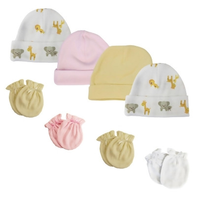 Bambini NC-0381 Baby Girls Caps & Mittens Set, White & Pink - Newborn - Pack of 8 