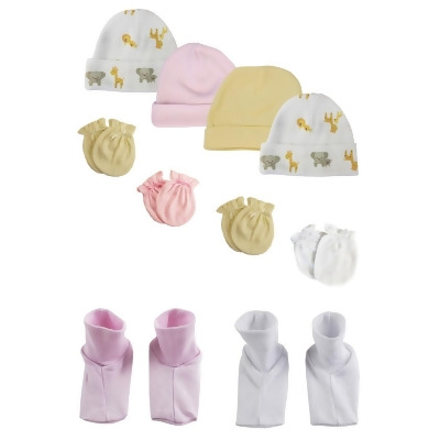 Bambini NC-0382 Baby Girls Caps, Booties & Mittens Set, White & Pink - Newborn - Pack of 10 