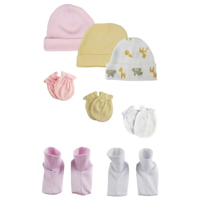 Bambini NC-0385 Baby Girls Caps, Booties & Mittens Set, White & Pink - Newborn - Pack of 8 
