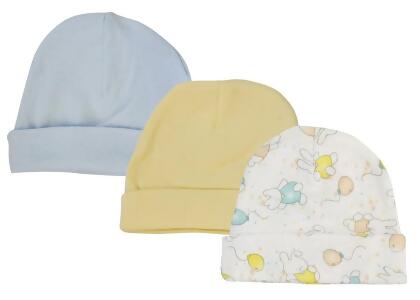 Bambini NC-0258 Boys Baby Caps, White & Blue - Newborn - Pack of 3