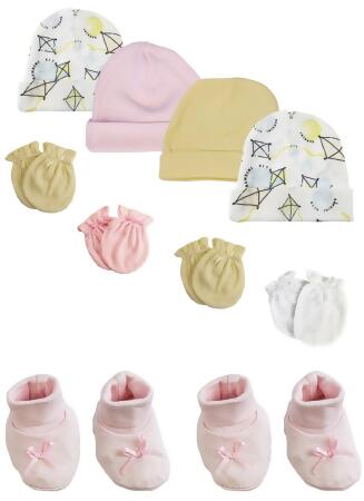 Bambini NC-0220 Baby Girl Caps with Infant Mittens & Booties, White & Pink - Preemie - Pack of 10