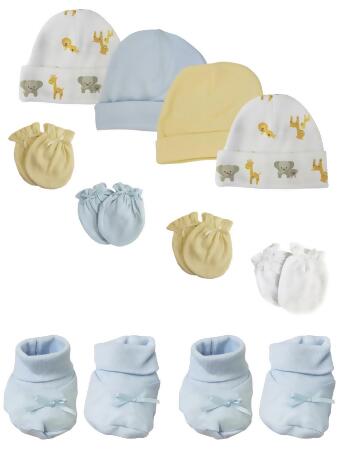 Bambini NC-0222 Baby Boy Caps with Infant Mittens & Booties, White & Blue - Preemie - Pack of 10