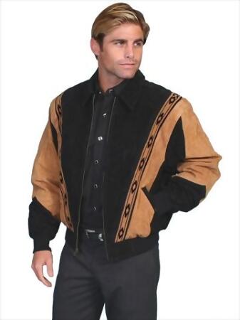 Mens Leather Wear Rodeo Boar Suede Jacket, Black W-Cafe Brown Trim Boar Suede, Medium 