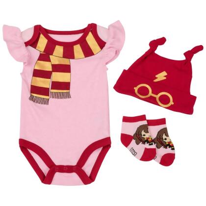Harry Potter 866288-3-6months School Uniform Infant Bodysuit Set with Cap, Red, Pink & Yellow - 3-6 Months - 3 Piece