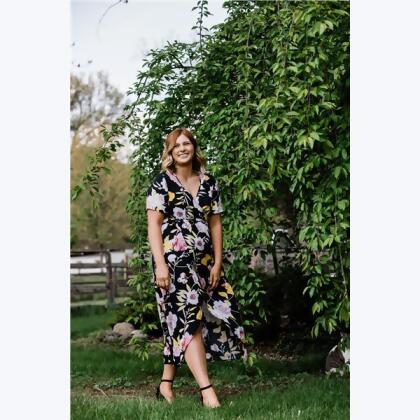Floral Faux Wrap Dress, Black - 2S-M & 2L-XL
