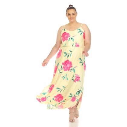 PS423-408-1X Women Plus Size Floral Strap Maxi Dress, Yellow & Pink - 1X