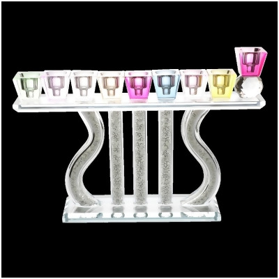 7 x 10.5 in. Crystal Menorah with Colored Tops & Stones 