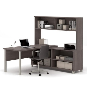 Bestar Pro-Linea L-desk With Hutch In Bark Grey Open - All