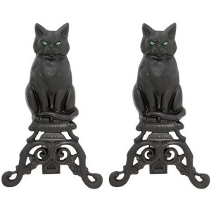 Uniflame A-1251 Black Cast Iron Cat Andirons with Reflective Glass Eyes - All