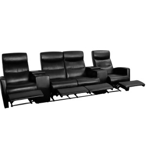 Flash Furniture Black Leather 4-Seat Home Theater Recliner w/ Storage Consoles - All