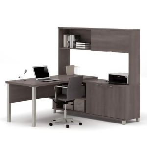 Bestar Pro-Linea L-desk With Hutch In Bark Grey Closed - All