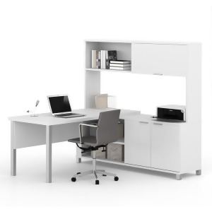 Bestar Pro-Linea L-desk With Hutch In White- Closed - All