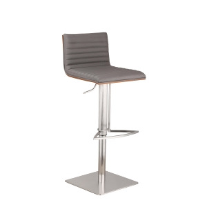 Armen Cafe Adjustable Brushed Stainless Steel Barstool in Gray Pu with Walnut Ba - All