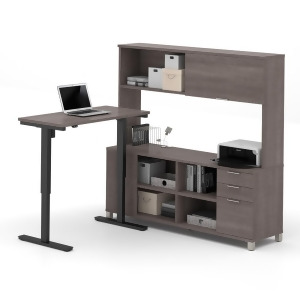 Bestar Pro-Linea L-Desk w/Hutch Electric Height Adjustable Table in Bark Gray - All