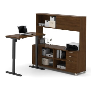 Bestar Pro-Linea L-Desk w/Hutch Electric Height Adjustable Table in Oak Barrel - All