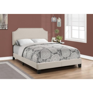 Monarch Specialties 5926 Upholstered Platform Bed in Beige Linen w/Antique Brass - All