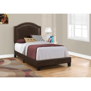 Monarch Specialties 5938 Upholstered Platform Bed in Brown Leather-Look w/Brass - All