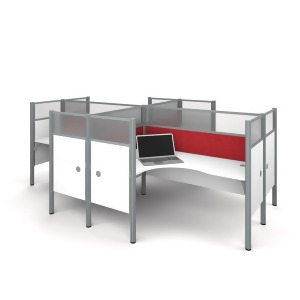 Bestar Pro-Biz Four L-Desk Workstation w/Privacy Panels in White w/Red Tack Boar - All