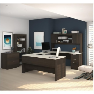 Bestar Ridgeley U-Shaped Desk w/Lateral File Bookcase in Dark Chocolate Whit - All