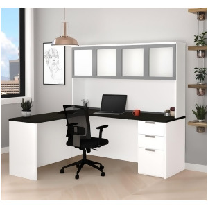 Bestar Pro-Concept Plus L-Desk w/Frosted Glass Door Hutch in Deep Grey Black - All