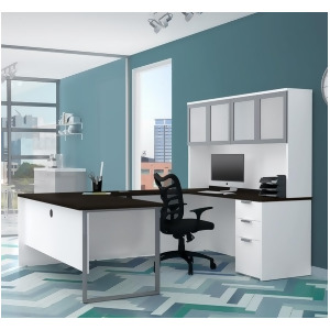 Bestar Pro-Concept Plus U-Desk w/Frosted Glass Door Hutch in White Deep Grey - All