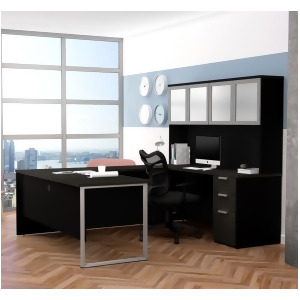 Bestar Pro-Concept Plus U-Desk w/Frosted Glass Door Hutch in Deep Grey Black - All