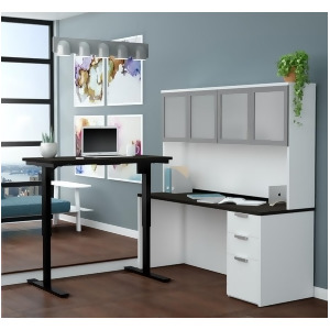 Bestar Pro-Concept Plus Height Adjustable L-Desk w/Frosted Glass Door Hutch in W - All
