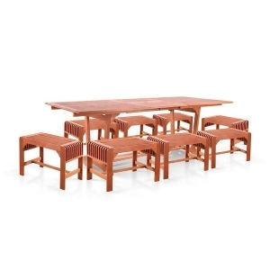 Vifah Malibu V232set28 Natural Wood 9 Piece Outdoor Backless Dining Set w/Extent - All