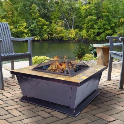 Outdoor Leisure Products 36 inch Square Steel Fire Pit with Decorative Slate Hea 