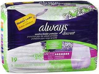 Always Discreet Incontinence Underwear, Maximum Absorbency, Small / Medium, 19 ea - Finally, your sensitive bladder can feel like no big deal.  That s why we designed our innovative incontinence products to be the perfect combination of form, function, and femininity.  With Always Discreet Maximum Underwear, you can stop constantly...