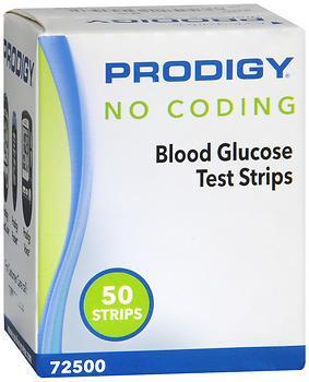 Prodigy Auto code/voice Blood Glucose Test Strips - 50 Ct - Prodigy No Coding Blood Glucose Test Strips   For use with all Prodigy meters.  Alternate site testing.  Tiny blood sample.  Automatically draws blood into test strip.    Directions : Read package insert before using this product.  Discard 90 days...
