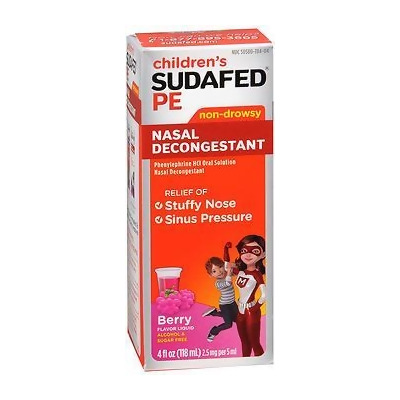 Sudafed PE Children's Nasal Decongestant Liquid Raspberry, Non Drowsy - 4oz 
