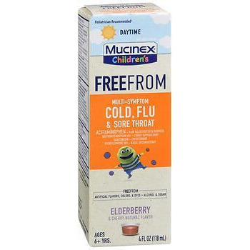 Mucinex Children's Free From Multi-Symptom Cold, Flu & Sore Throat Daytime Elderberry & Cherry Natural Flavor - 4 oz