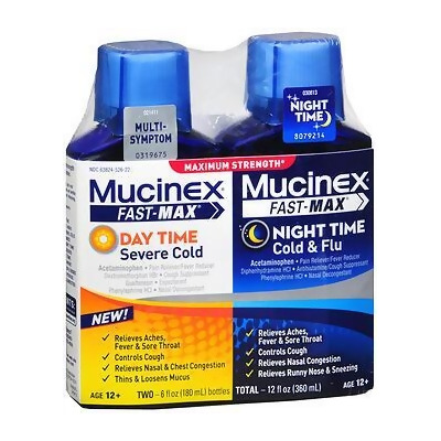 Mucinex Fast-Max Day Time & Night Time Cold & Flu Liquid Maximum Strength, 2 - 6 oz Bottle Pack 