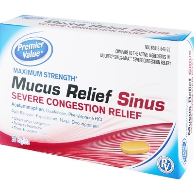 Premier Value Mucus Relief Sinus - Severe Congestion Relief Caplets - 20ct 