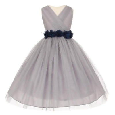white flower girl dress with navy sash