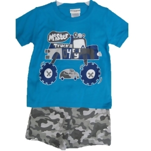 Buster Brown Little Boys Blue Gray Monster Truck Print Camo 2 Pc Shorts Set 2T-4t - 2T